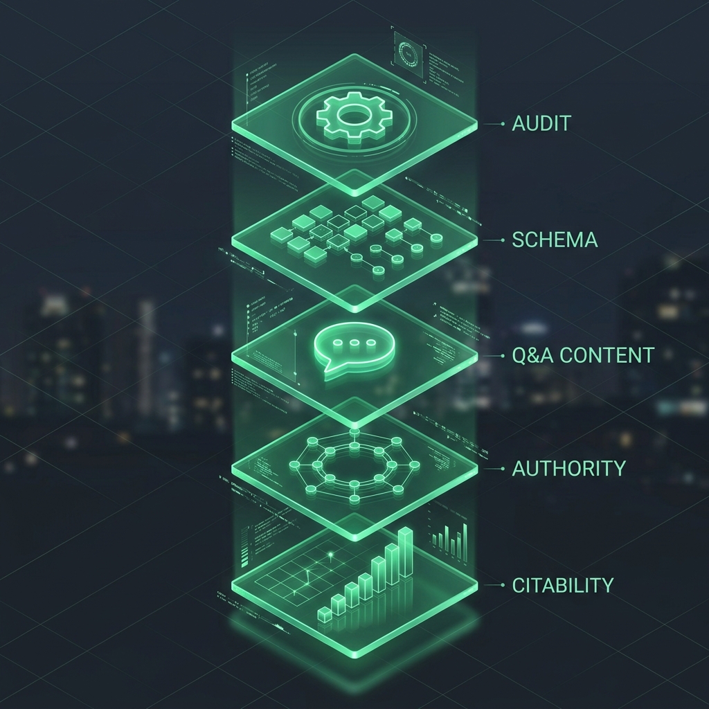 5-step Answer Engine Optimization framework diagram with audit, schema, and citability monitoring panels