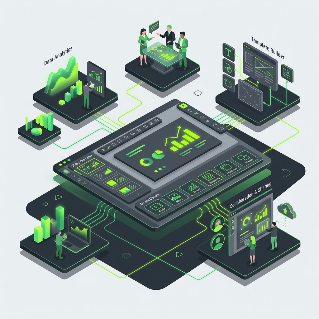 Motor de inteligencia artificial procesando datos en diapositivas corporativas